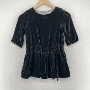 BONPOINT Top 8 Velvet Tie Side Pleated Drop Waist Tunic Short Sleeve Green